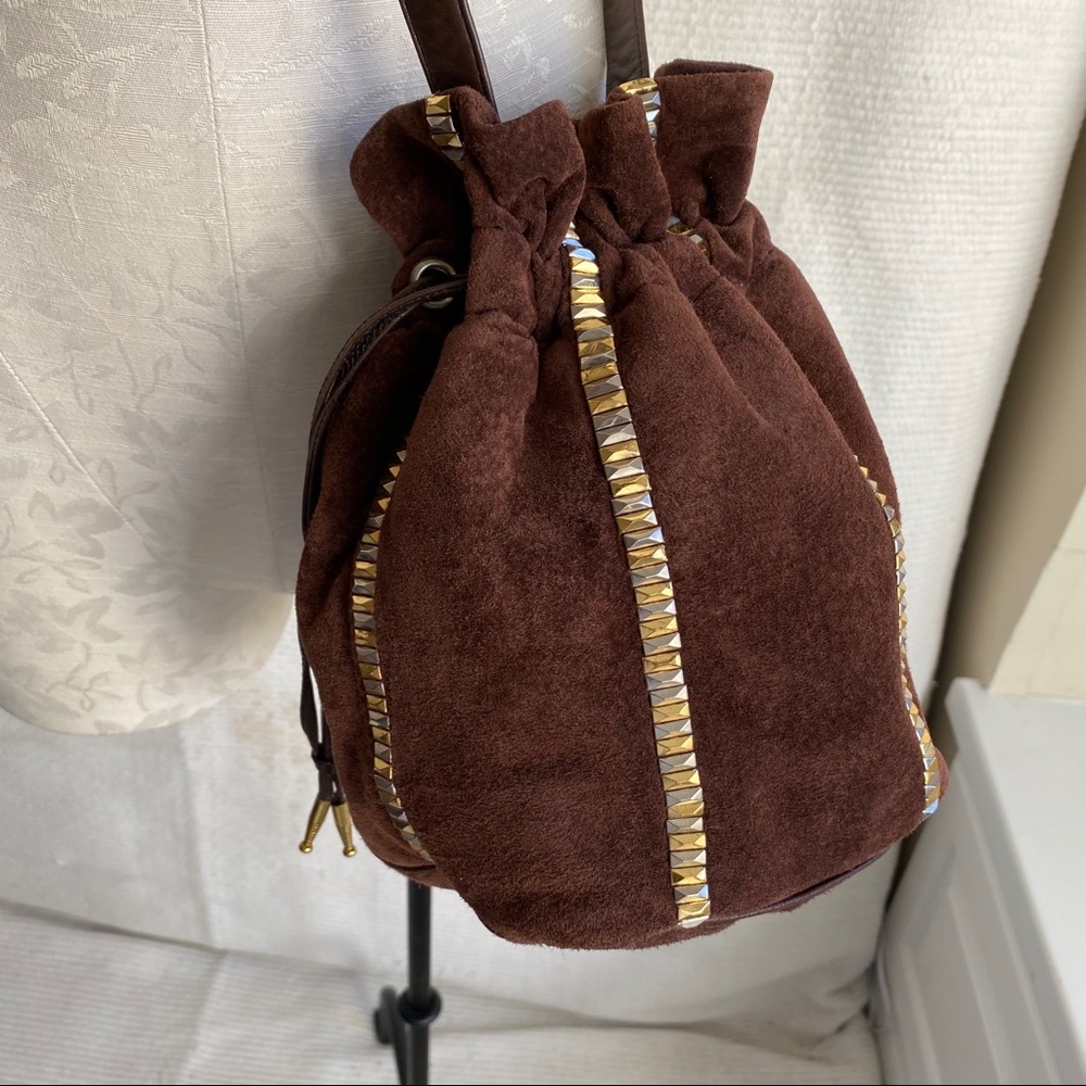 Vintage 70s Crossbody Suede Studs Bucket Bag Brown - Picture 6 of 8